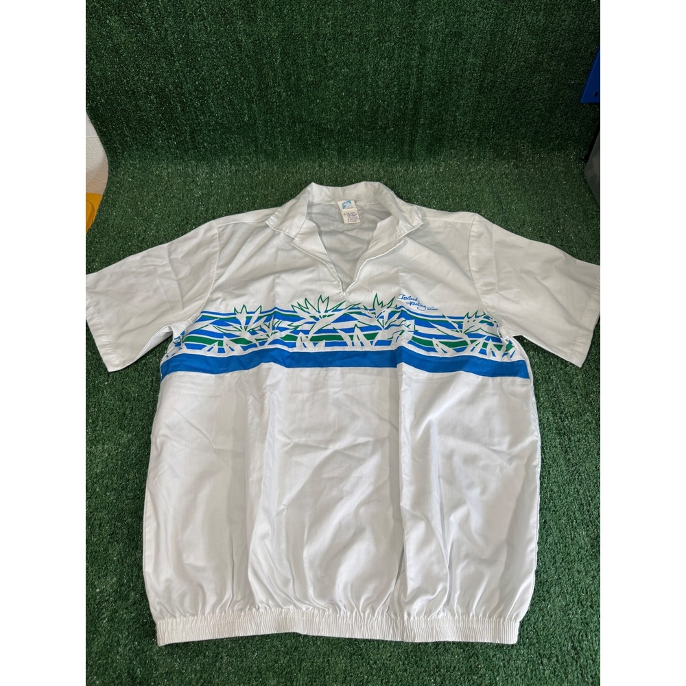 Vintage Island Feeling Hawaii Mens XL Popover Shirt White Blue Elastic Hem USA